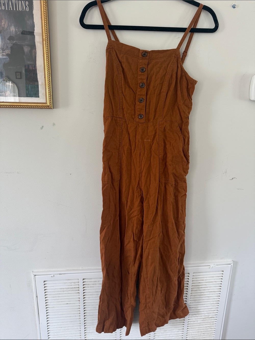 Rust Brown Button-Front Wide Leg Jumpsuit